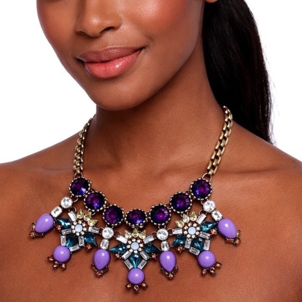 Bohemian Purple Blue Crystal Bib Necklace Brass Tone Adjustable Chain Chic  J-01